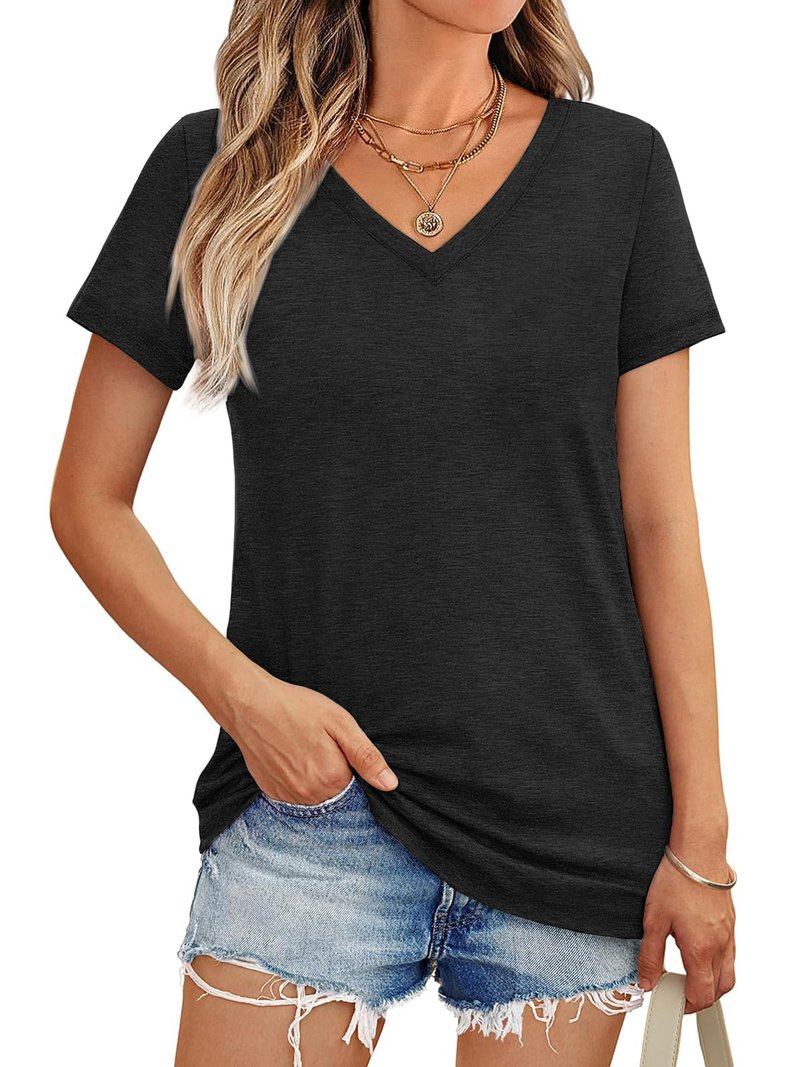 5 Pack V Neck T Shirts for Women Short Sleeve Tshirts Summer Casual Tops Loose Fit Basic Tees