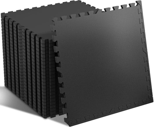 SUPERJARE 0.56'' Thick 12 Pcs 48 Sq Ft Rubber Top Exercise Equipment Mats, High Density EVA Foam Mats with Rubber Top, Interlocking Gym Flooring for Home Gym, Protective Workout Mat, Black
