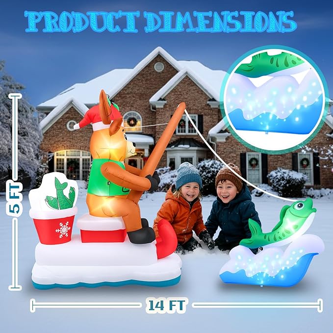 14 ft Long Christmas Inflatable Fishing Santa Claus, Santa Claus Inflatable Courtyard Outdoor Decoration with Built-in Rotating Blue LED Lights for Christmas Party Garden Lawn Decoration