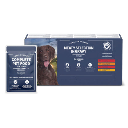 by Amazon Complete Wet Food for Adult Dogs, Meat Selection in Gravy, 4.8 kg (48 pouches of 100g)