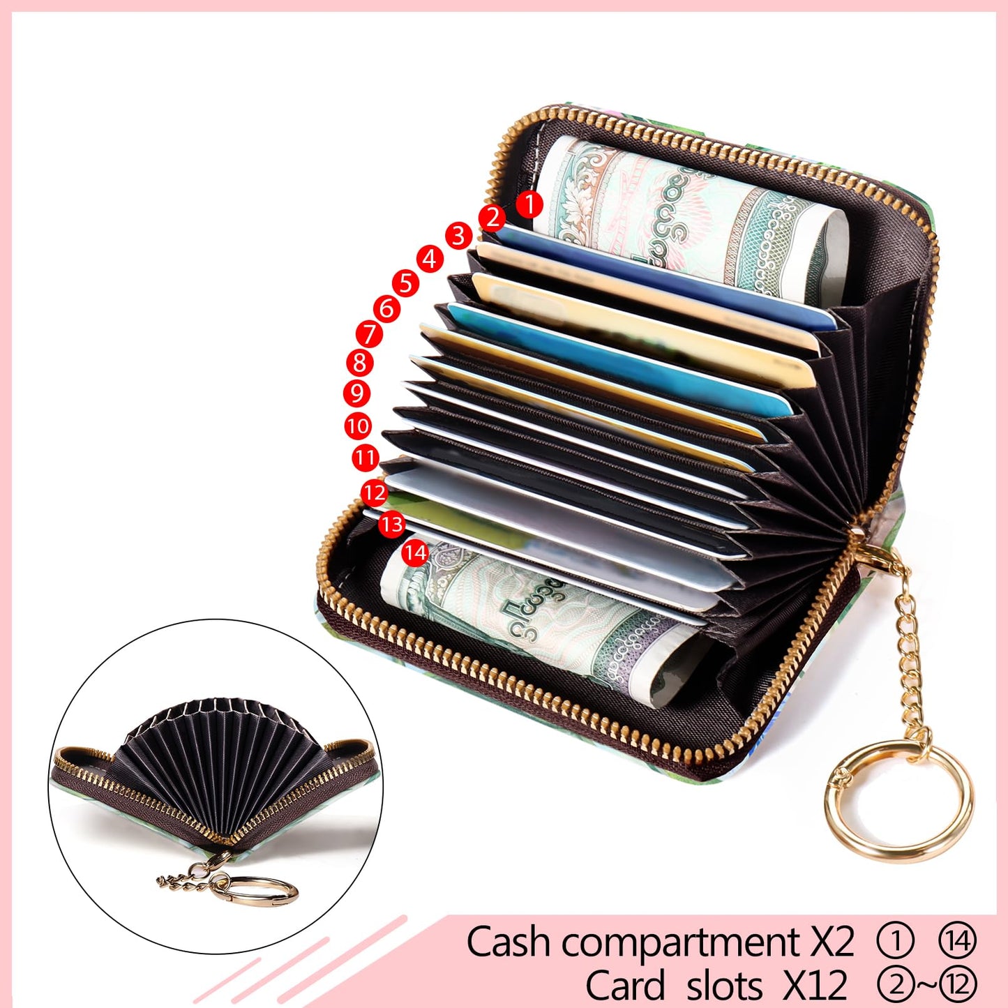 Blusabaca RFID Wallet, Credit Card Holder for Women, Bird Small Wallet with Card Slots Zipper, Leather RFID Card Holder, Card Keychain Wallet, Card Case RFID Blocking Accordion Gift