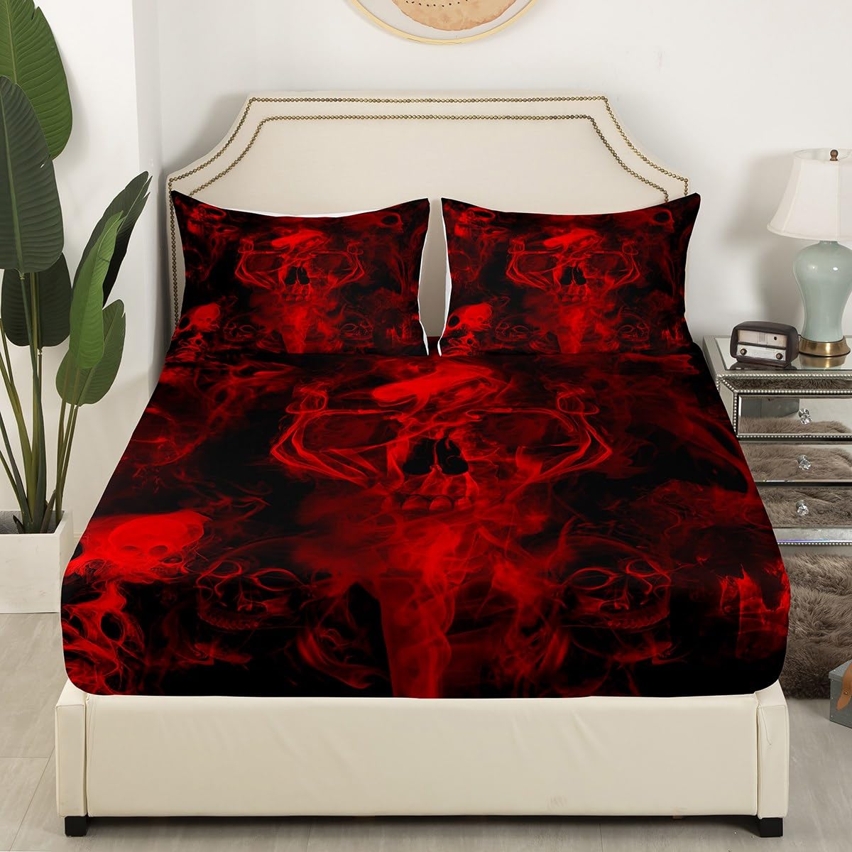 Gothic Skull Bed Sheets Red and Black Skeleton Sheet Set Full For Boys Teens Men Women,Psychedelic Goth Skull Bedding Set Trippy Smoke Halloween Fitted Sheet + Horror Flat Sheet + 2 Pillow Cases