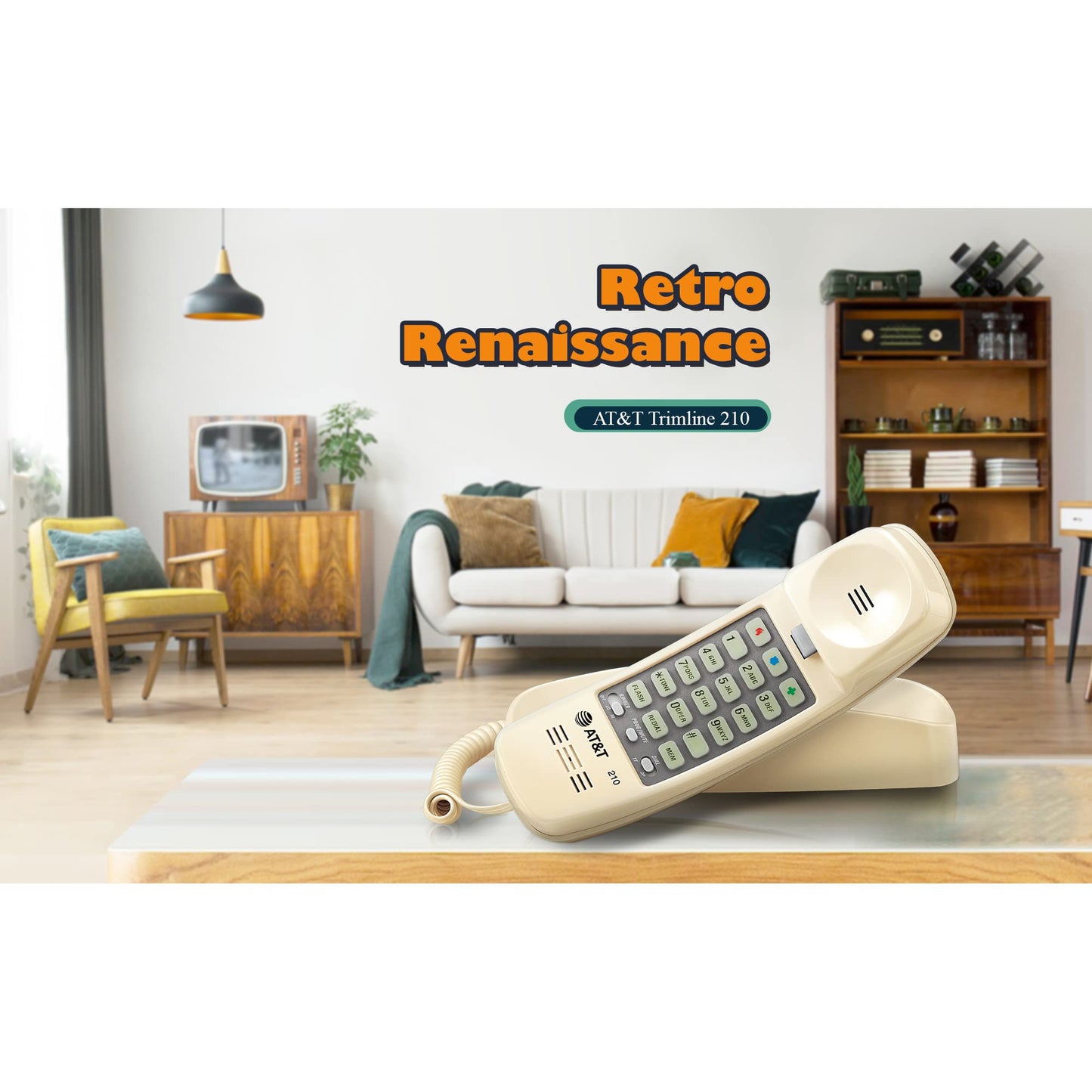 AT&T TRIMLINE 210 Corded Home Phone, No AC Power Required, Improved Easy-Wall-Mount, Lighted Big Button Keypad, 13 SpeedDial Keys, Last Number Redial, Mute, Flash, Volume Control, Beige