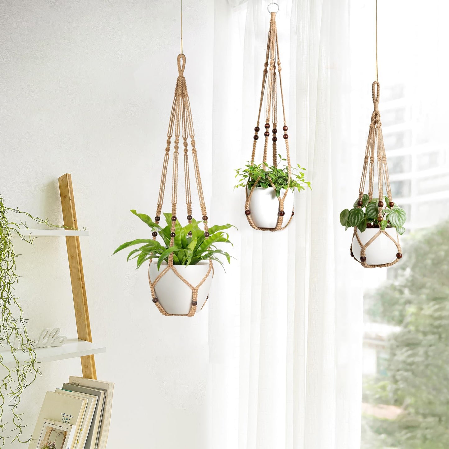 Mkono 3 Pack Macrame Plant Hangers Indoor Different Size Hanging Planter Basket Flower Pot Holder with Beads No Tasselss 43"/35"/29", Large, Brown