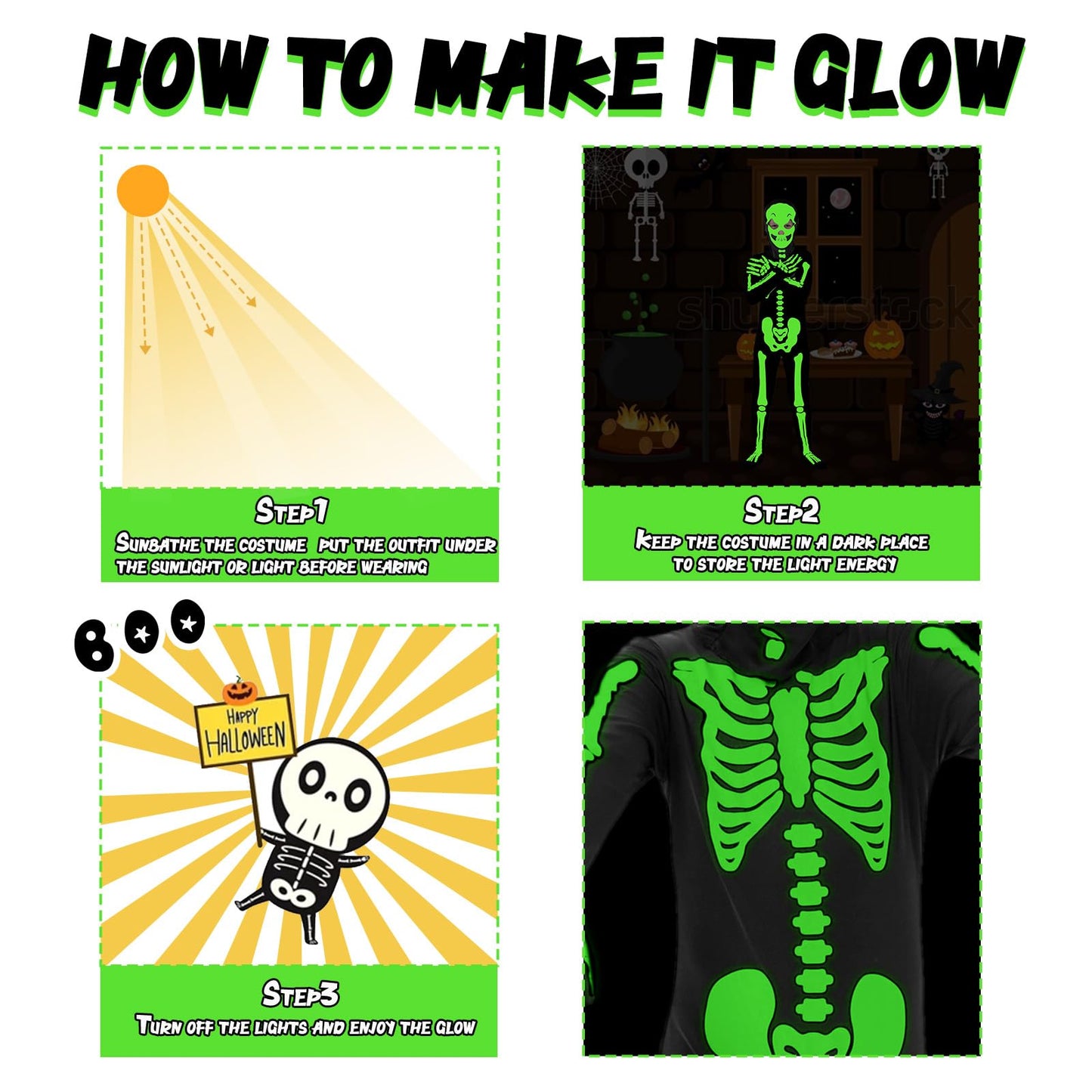 FAYBOX Skeleton Costume Glow in The Dark for Kids Toddler, Halloween Fortnite Onesie for Boy Girls with Pumpkin Candy Bag(5-7)