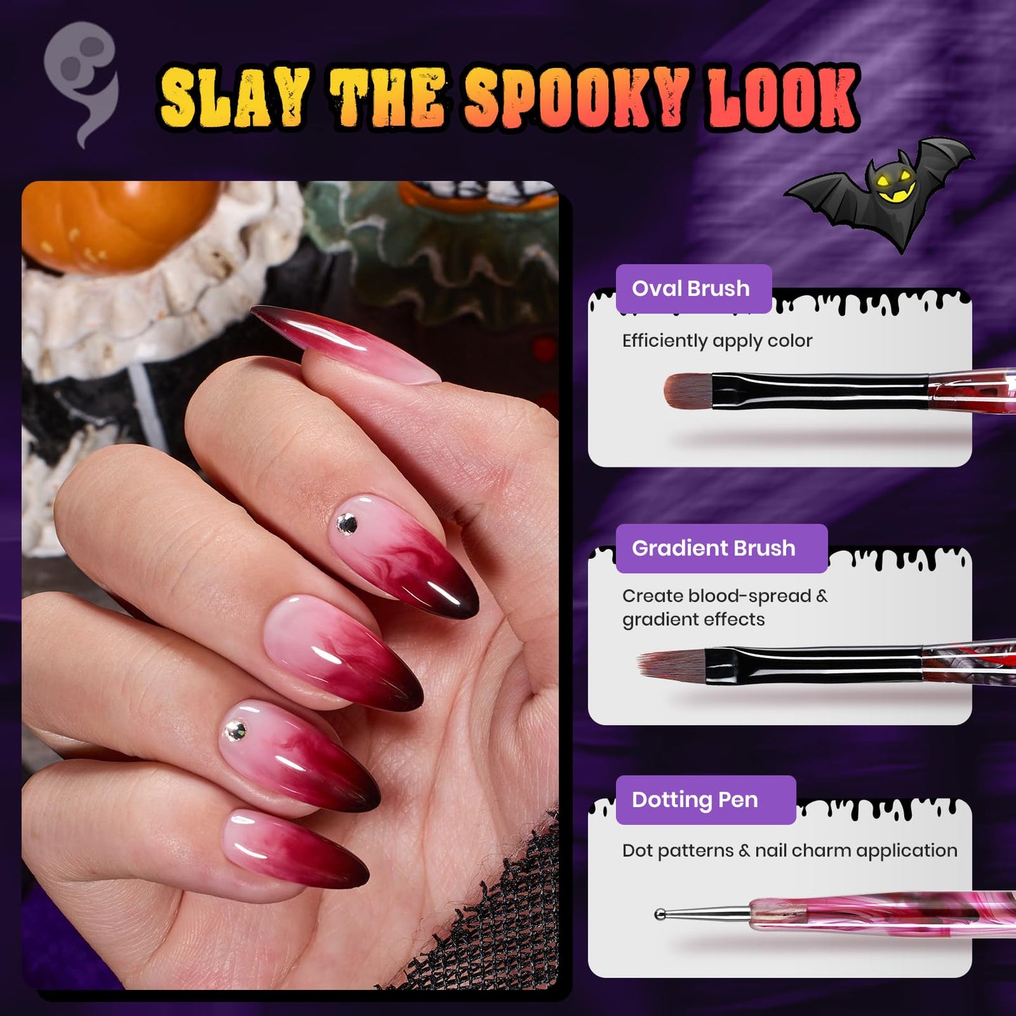 Beetles Halloween Nail Art Brushes, Blood Entwined Nail Art Pens 6pcs with Pumpkin Palette Holder Halloween Charms Manicure Design Dotting Tools Draw Liner Gradient French Brushes DIY Nails Supplies