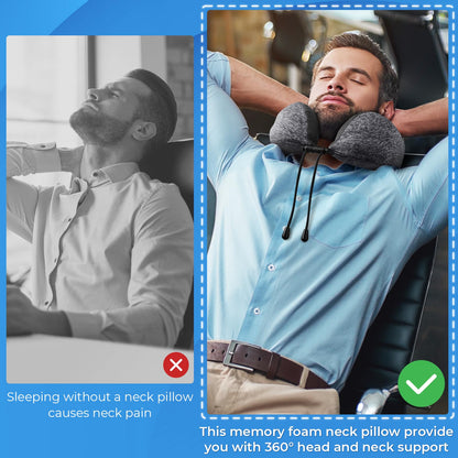 ExploreBliss Travel Pillow, Travel Pillows for Sleeping Airplane, Removable Cover Neck Pillow with Adjustable Clasp, Memory Foam Neck Pillow Set with Eye Mask, Earplugs and Storage Bag (Dark Grey)