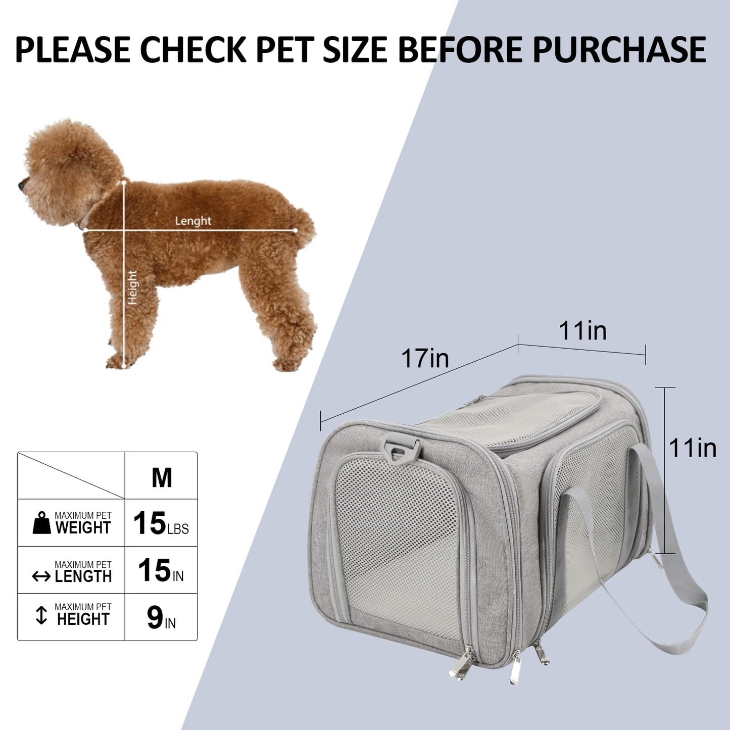 Henkelion Cat Carriers Dog Carrier Pet Carrier For Small / Medium Cats Dogs Puppies (Up To 15lbs), TSA Airline Approved Small Dog Carrier Soft Sided, Collapsible Waterproof Travel Puppy Carrier - Grey