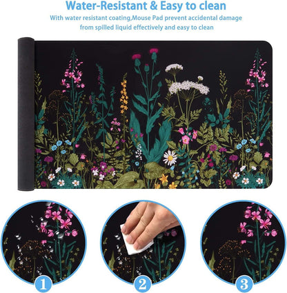 iCasso Desk Mat, Big Desk Pad, XXL Extended Gaming Mouse Pad, Large Mouse Pad for Desk Rubber Base Mousepad with Stitched Edges, Keyboard Mouse Mat for Work, Game, Office, Home - Weeds