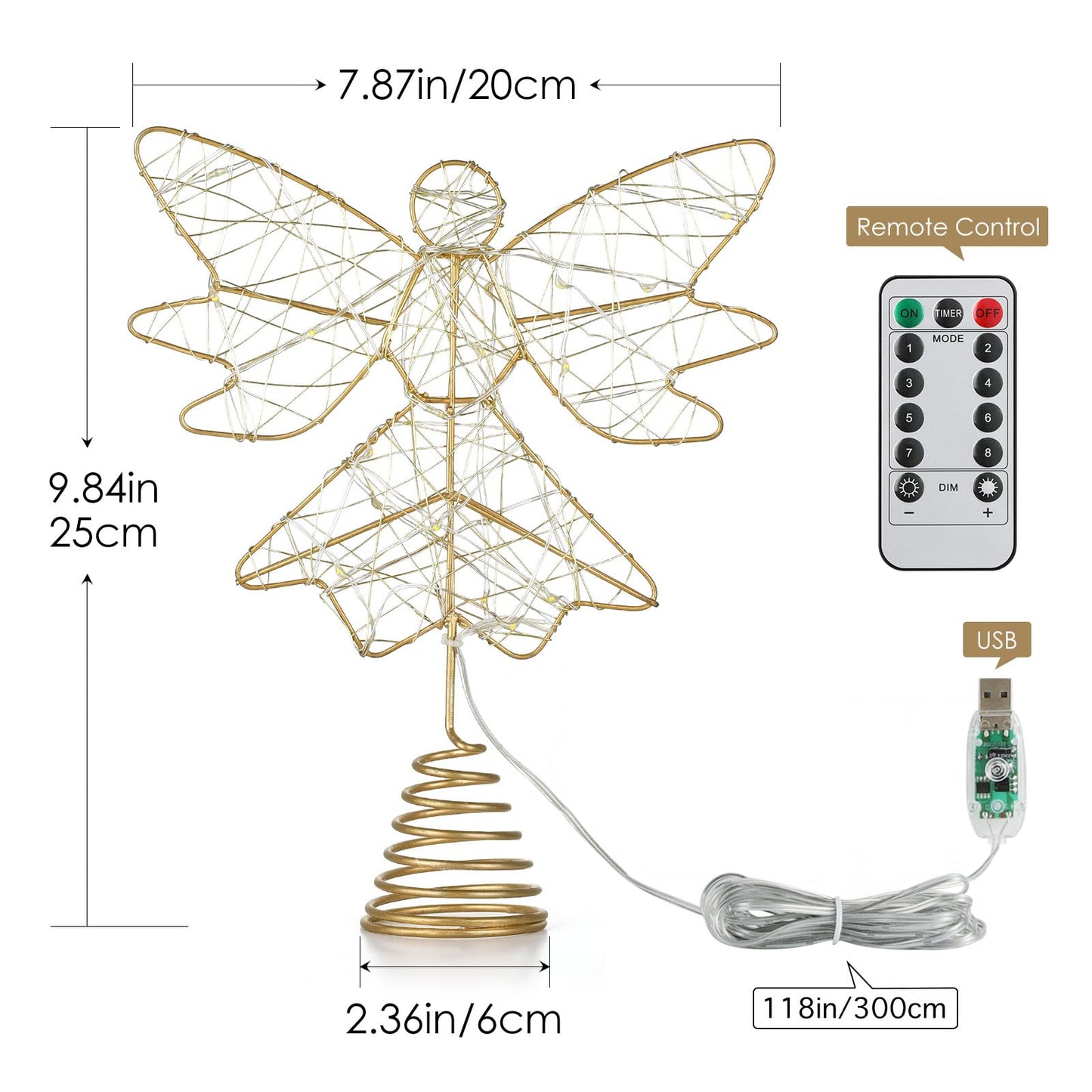 Roylvan Christmas Tree Topper Angel, USB-Powered Christmas Tree Light with Remote & 6H Timer, 3D Hollowed Angel Decoration for Xmas Trees Home Decor Outdoor Party, 9.8 Inch (H), Gold