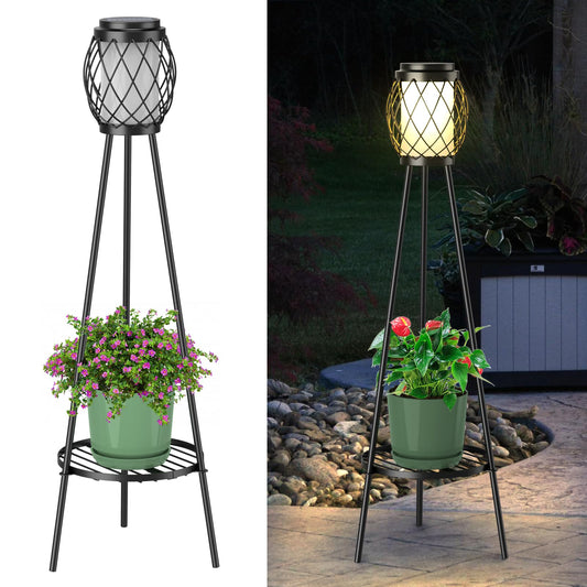MXwcy 2-in-1 Solar Lights Outdoor with Plant Stand, Waterproof Vintage Solar Floor Lamp & Metal Planter Holder, Tall Geometric Lantern Tripod for Patio, Garden, Yard, Porch Decor (2 Pack)
