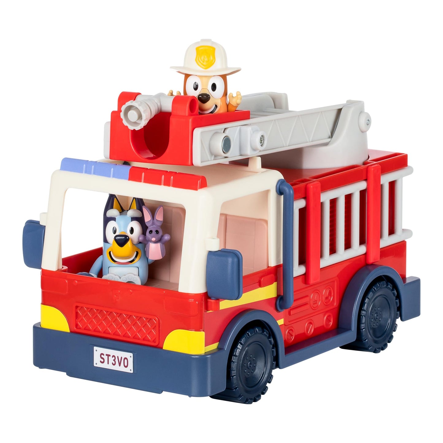 Bluey Firetruck, Firetruck, Exclusive Firefighter Bingo and Bob Bilby Figures Raise The Ladder, Spin It Around and Roll Out The Hose Includes Sticker Sheet