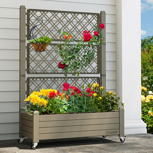 YITAHOME 43.3x17.7x61 in Planter Boxes Outdoor with Trellis, Resin Raised Garden Bed with Wheels & Drain Plug for Climbing Plants, Weather-Resistant Design Elevated Garden Bed with Trellis, Brown