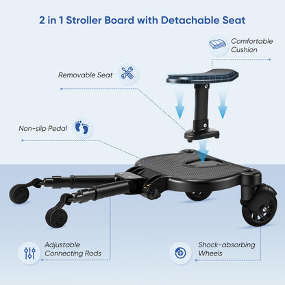 BugyKido Universal Buggy Board with Seat, Kiddy Board with Pram Organiser Bag, Pram Standing Board Compatible with Over 99% of Pushchairs, for Children from 2-6 Years, Load 25 KG(Black)
