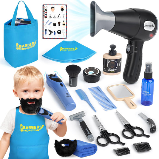 Barber Shop Pretend Play Toy, Kids Hair Salon Toys, Kids Shaving Kit for Boys Ages 3+ with Blow Dryer, Electric Shaver Toys, Tool Bag and Stylist Shave Barber Accessories for Role Play (Black)