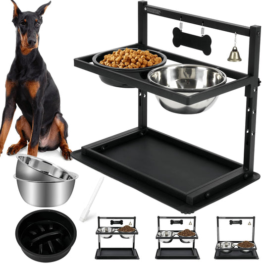 Elevated Slow Feeder Bowls for Large Dogs - Adjustable Height, 2 Stainless Steel Bowls, Spill-Proof Mat - Great for Medium Dogs Too (Black)