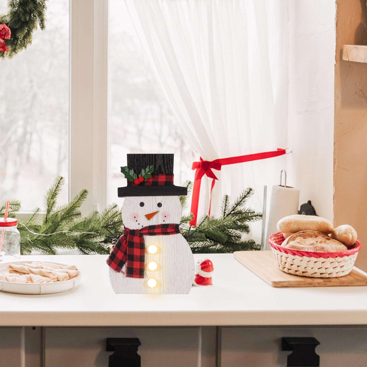 Christmas Decorations for Home LED Lighted Snowman Decor with Timer Farmhouse Merry Christmas Sign Wooden Rustic Red Plaid Scarf Tabletop Xmas Holiday Signs Party Indoor Room