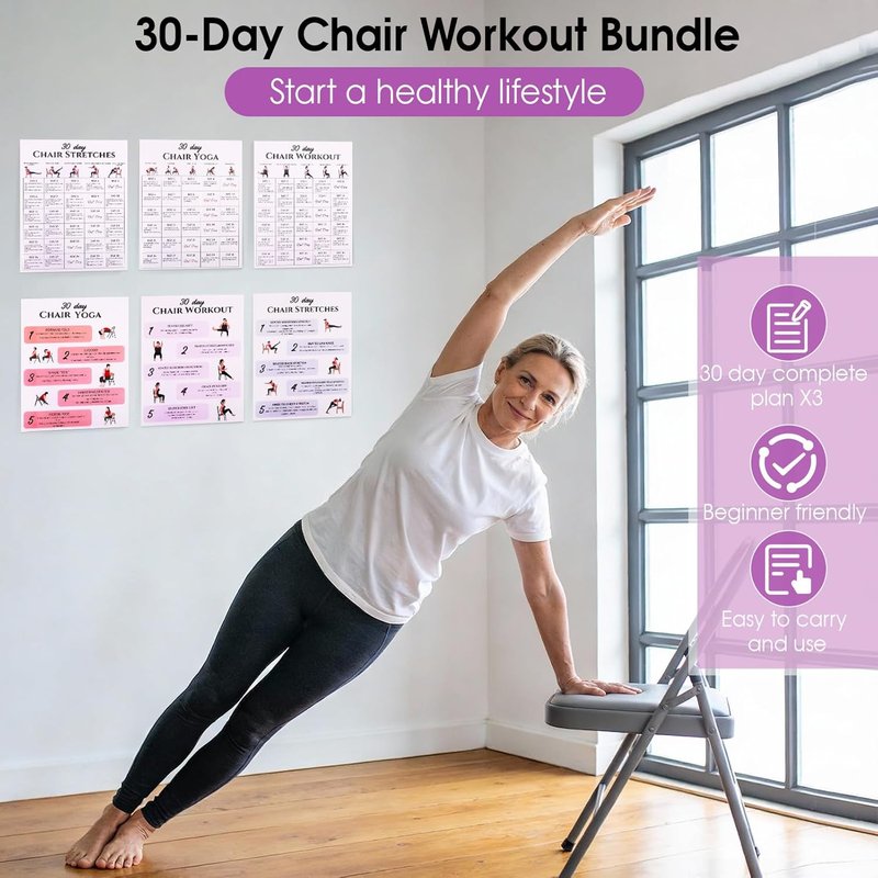 Karlaris 30-Day Chair Yoga Chart Set - 6-Pack Office Workout Posters for Seniors | Gentle Stretching & Seated Exercises