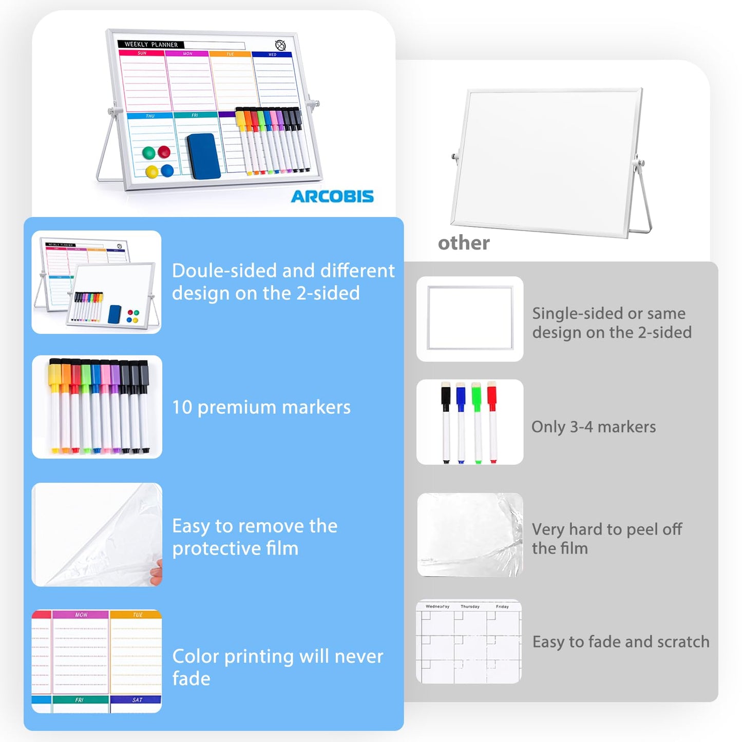 ARCOBIS Dry Erase White Board with Stand, 12" x 16" Weekly Double-Sided Desktop Whiteboard 10 Markers, 4 Magnets, 1 Eraser, Portable Magnetic Dry Erase Calendar for Planning, to Do List, Memo, School