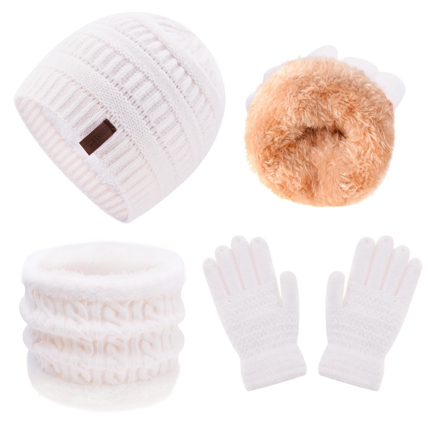 Girls Winter Hat Scarf Gloves Set for Cold Weather, Kids Beanie Hat Infinity Scarf Knitted Gloves Sets White Knit Thick Warm Fleece Lined Thermal Set for 6-10 Years Old Boy Baby Toddler Children