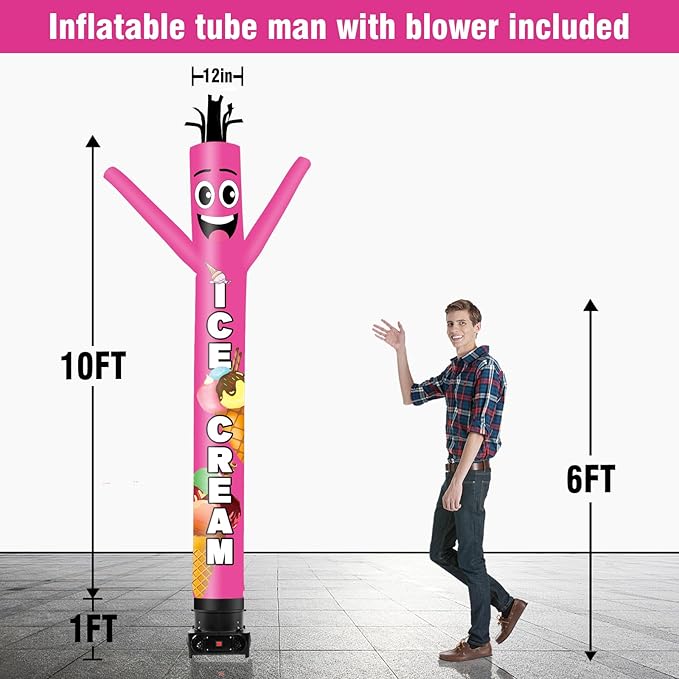 10FT Tall Inflatable Tube Man Ice Cream Wacky Wavy Dancing Guy with 3/4 HP Weather-Resistant Blower (12''Diameter) for Outdoor Decoration Advertising Business Promotion