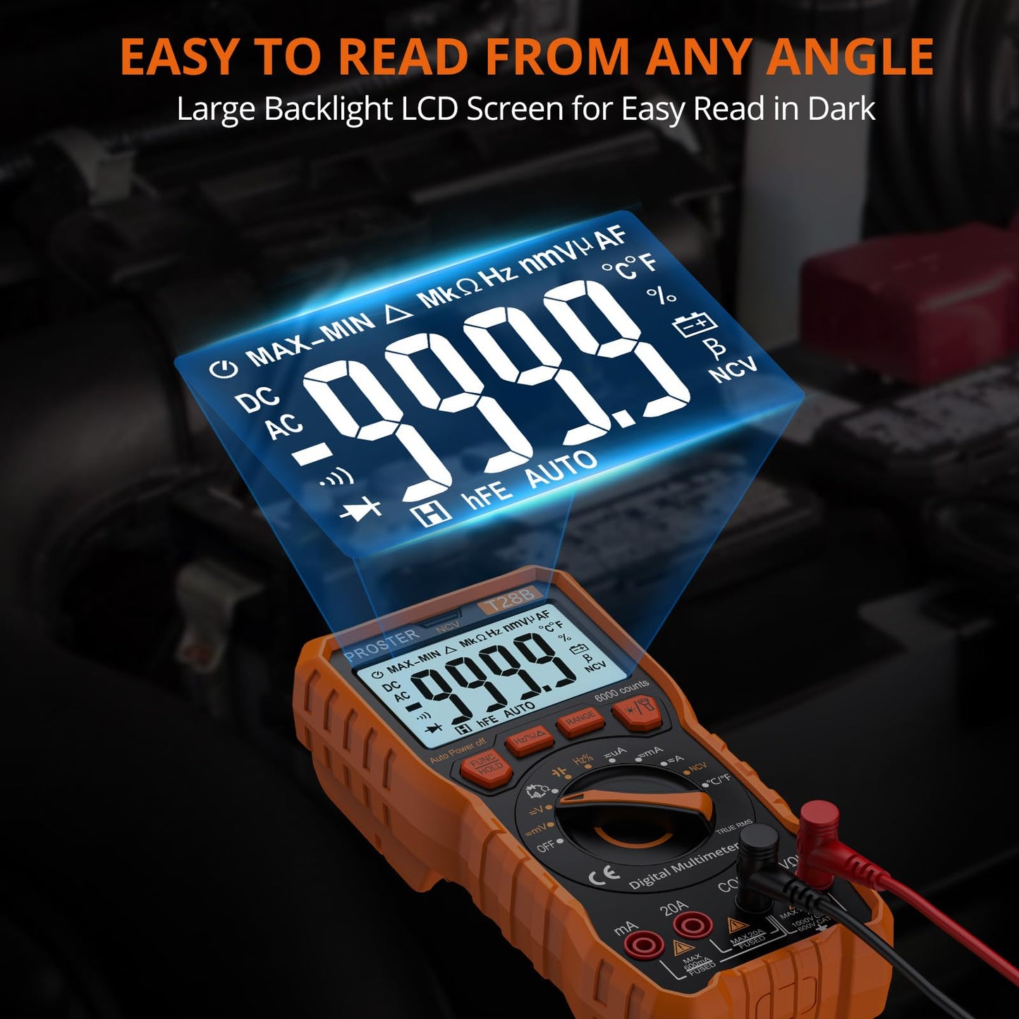 Proster Digital Multimeter - TRMS Voltmeter Multimetro Auto Range Multi Testers, 20A DC AC Current Meter NCV Detector Magnetic Hanging Hands-Free Design with Temperature Probe Backlit LCD Flashlight