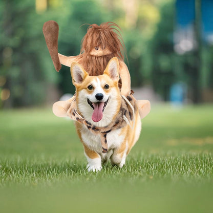 DELIFUR Dog Halloween Costume Funny Dog Cowboy Riding Costume Pet Costume Cat Suit Cowboy Rider Style for Small Medium Large Dogs (Primitive Man, X-Large)