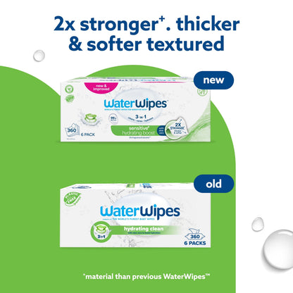 WaterWipes Sensitive+ Hydrating Boost Wipes, 360 Count (6 Packs), 3-In-1 Cleans, Cares, Hydrates, 99% Water with Aloe Vera, Unscented Baby Wipes