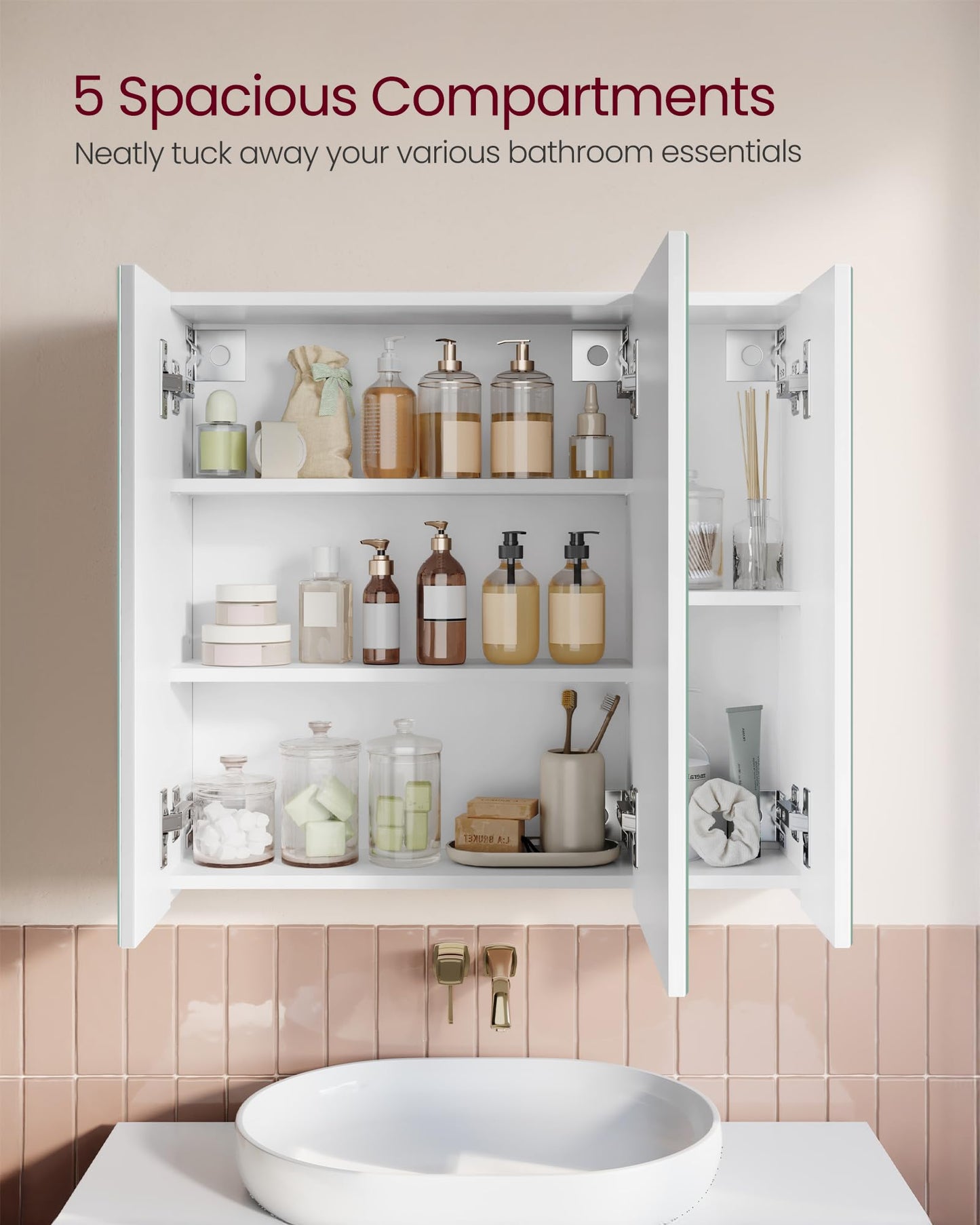 VASAGLE BBK22WT Bathroom Wall Cabinet with Mirror, 3 Door Storage Unit, 60 x 15 x 55 cm, with Adjustable Shelf, Modern, White BBK22WT