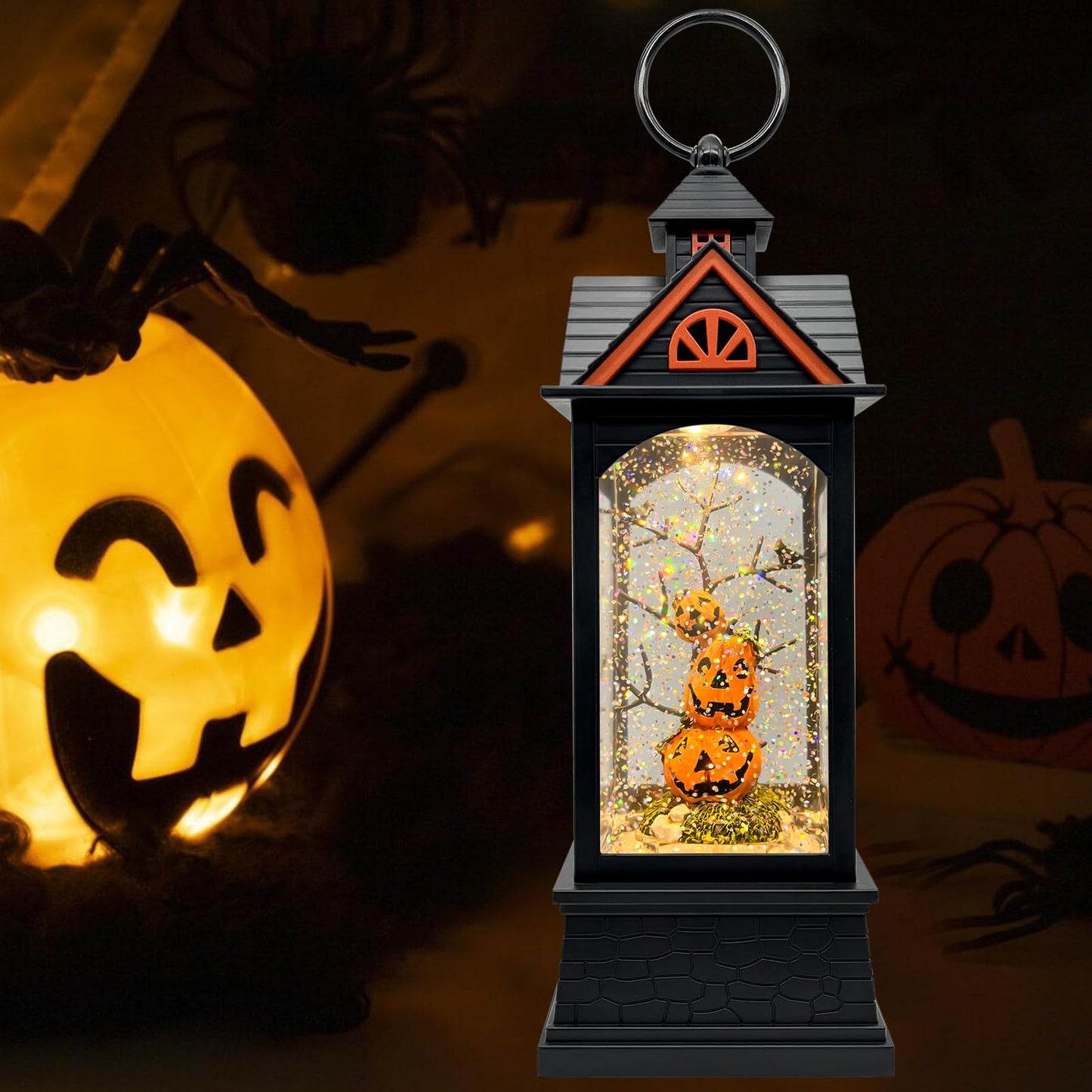 LSISOVO Halloween Snow Globe Lantern with 6 Hour Timer,Halloween Decorations Indoor for Home,Halloween Decor,USB or Battery Powered for Halloween Lanterns,Halloween Pumpkin Lantern