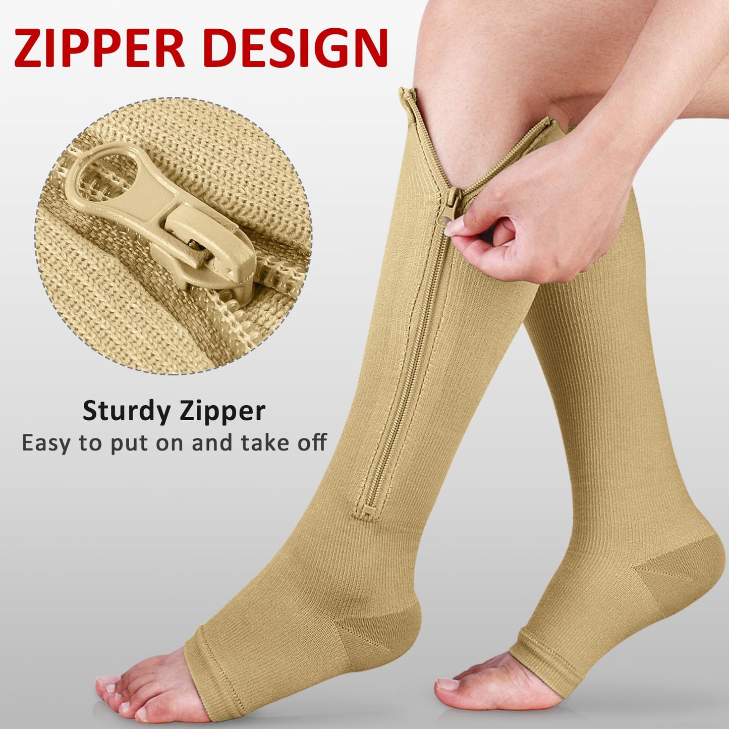 Ailaka Zipper 15-20 mmHg Compression Socks for Women Men, Knee High Open Toe Support Graduated Medical Varicose Veins Hosiery for Edema, Swollen, Pregnancy, Recovery (1 Pair)