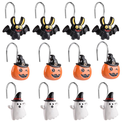 Halloween Decoration Shower Curtain Hooks, 12Pcs Halloween Pumpkin Bat Ghost Decorative Shower Curtain Rings Rustproof Shower Hooks Hangers Rings for Bathroom Halloween Decor (Halloween)