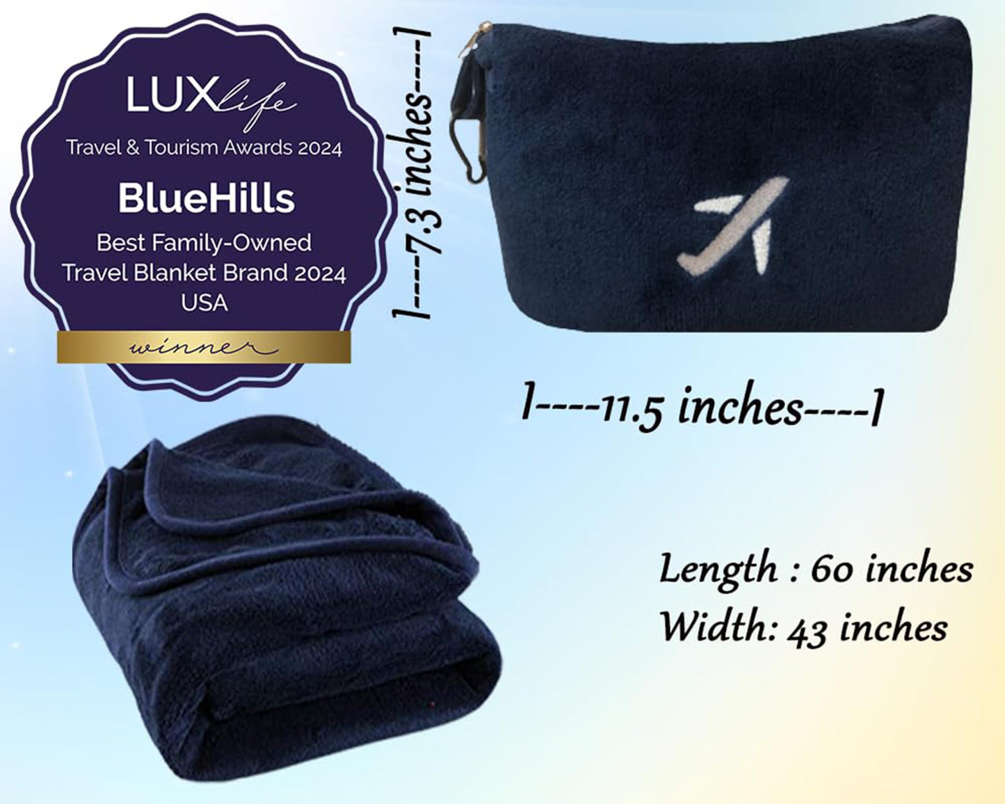 BlueHills Premium Soft Travel Blanket Pillow in Mini Soft Case Plush Airplane Blanket Compact Pack with Luggage Belt and Backpack Clip Long Flights Essentials Navy Blue M04