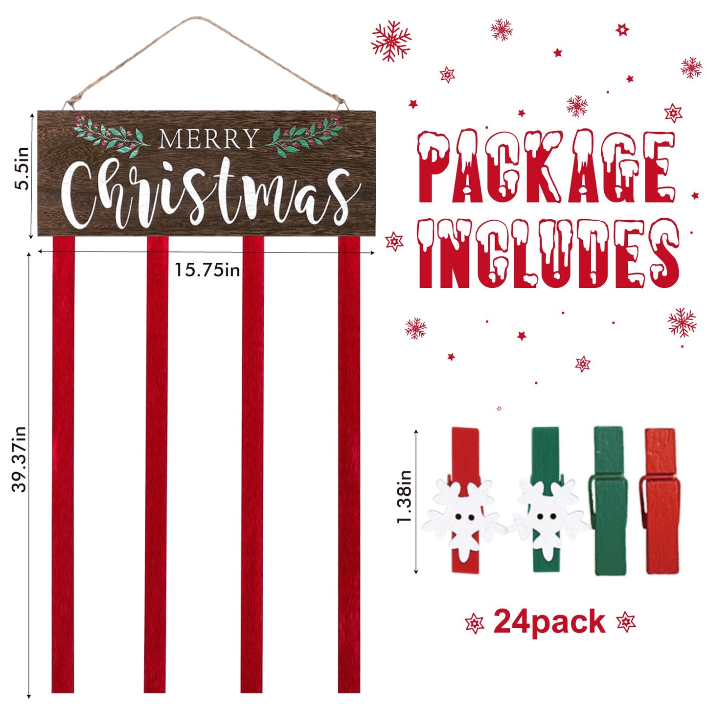 Christmas Card Holder Display, Card Holder Wall Display, Merry Christmas Wooden Decor, Xmas Hanging Picture Holders with 24 Photo Clips, Xmas Decor for Wall Door Window Home