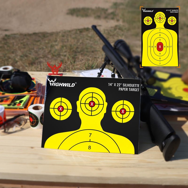 Highwild Shooting Range Silhouette Paper Target 50 Pack - 14X22 Inches - Suitable for Handguns, Rifles, Airguns, BB Guns (Black & Yellow)