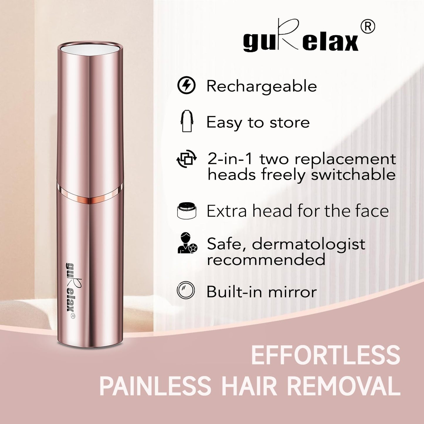 Facial Hair Removal for Women, Electric Painless Rechargeable Facial Hair Remover for Face, Lip, Chin with 2 x Replacement Heads
