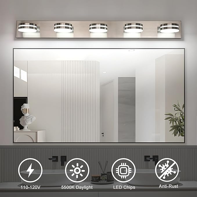 Brushed Nickel Bathroom Light Fixtures Over Mirror, 5-Light Bathroom Vanity Light, LED Dimmable Bath Lights, Modern Wall Mounted Lighting Fixture with Rotating Lamp Head