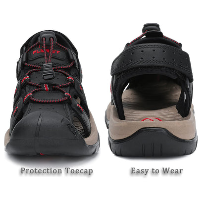 FLARUT Men's Sport Sandals Outdoor Hiking Sandals Closed Toe Leather Athletic Lightweight Trail Walking Casual Sandals Water Shoes (C-Black,43)