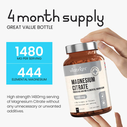VitaBright Magnesium Citrate Capsules 1480mg | 444mg Elemental Mg | 4 Months | High Strength Magnesium Supplements for Women & Men | Mag Citrate Powder in Capsules (Not Tablets)