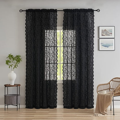 ALIGOGO Black Lace Halloween Curtains for Living Room Luxury Gothic Sheer Curtains 84 inches Long Boho Doorway Curtains Witchy/Goth Room Decor 52 x 84 Inch Black