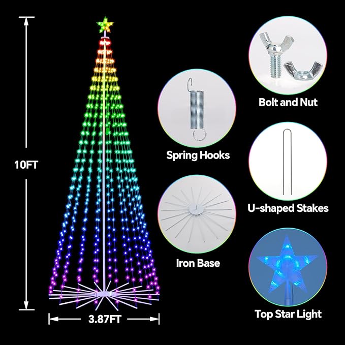 10 FT Smart Christmas Cone Tree Lights, 514 LED Lighted Outdoor Christmas Tree with Remote & App Control Timer, Music Sync, DIY RGB Color Changing for Indoor Outdoor Decorations