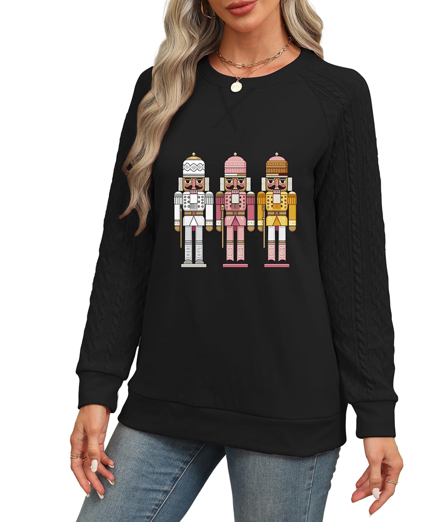 Ohhettm Sweatshirt for Women Crewneck 2025 Fashion Cable Knit Long Sleeve Loose Lightweight Sweater Fall Pullover Blouses Top Xmas Black 2XL