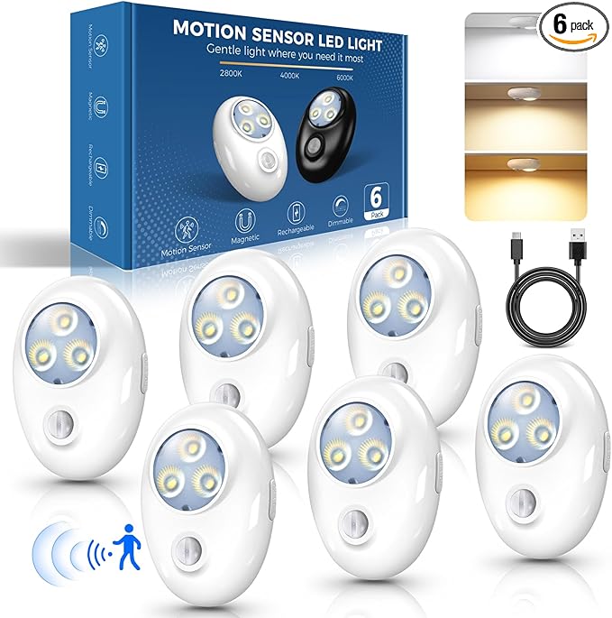 LED Motion Sensor Puck Lights Rechargeable with 3 Color Temps, Dimmable, Wireless, Magnetic and Stick On, for Under Cabinet Closet Lighting, Night Light, Locker, Stair, Kitchen, Shelf