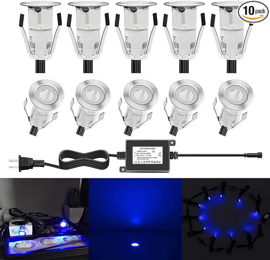 Pack of 10 0.7" Tiny LED Deck Light Kit Waterproof Outdoor Step Stairs Garden Yard Patio Landscape Decor Lighting Low Voltage Lamp (Blue)