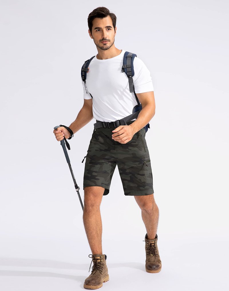 Pudolla Men's Hiking Cargo Shorts 9" Lightweight Outdoor Work Shorts for Men Travel Golf Camping Casual with 5 Zipper Pockets(Green Camo XX-Large)