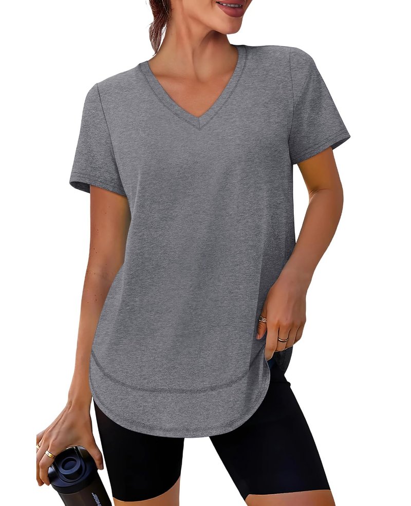 Short Sleeve Shirts for Women Workout Yoga Tops Sun Protection Clothing Summer Outfits Rash Guard Side Slit V Neck Grey XL