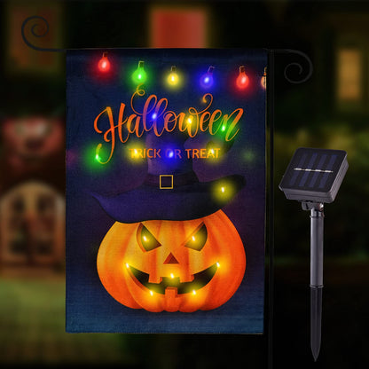 JUSHEN Halloween LED Lighted Garden Flag, Double Sided Solar Lighted Garden Flag, Vertical Halloween Pumpkin Lantern House Flag for Outdoor Yard Garden Decoration(12x18 Inch)