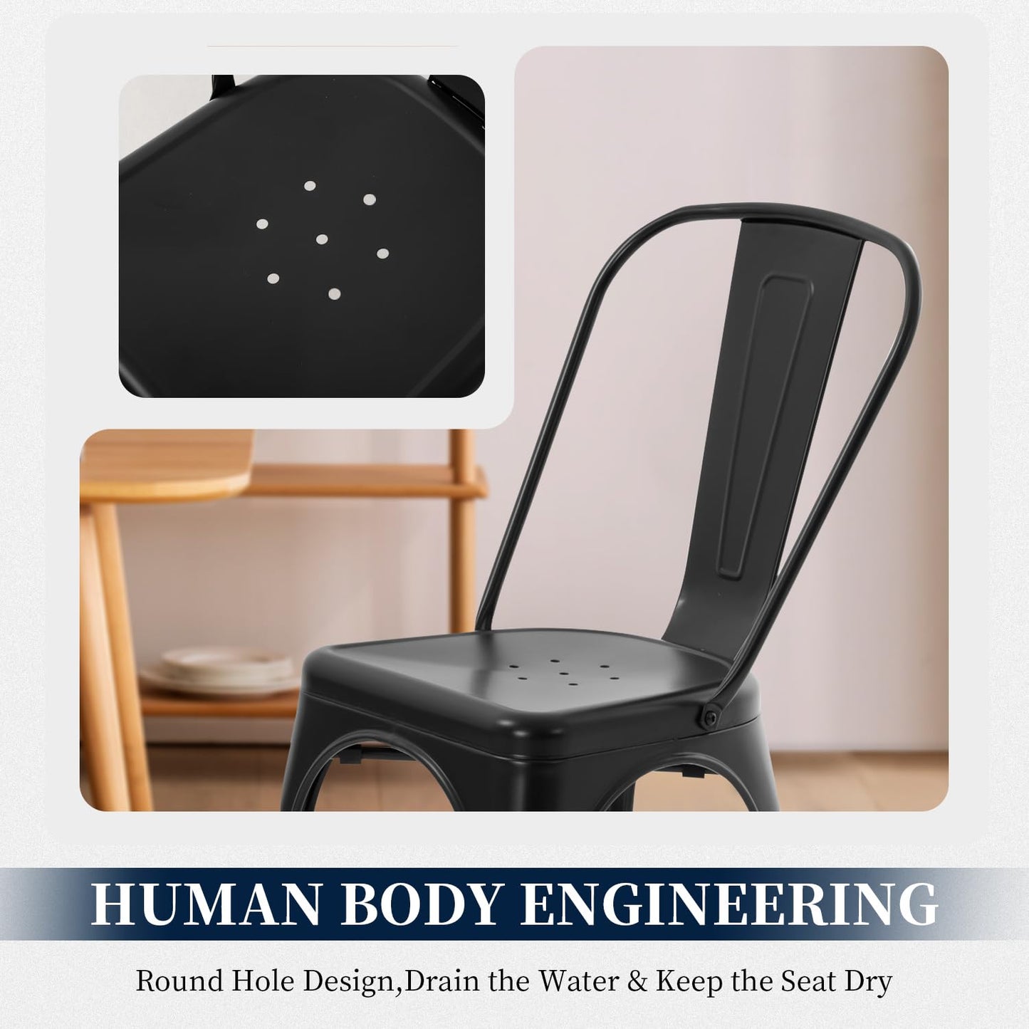 FDW | Metal Dining Chairs | Set of 4 | Black | Stackable Tolix Side Chairs with Backrest | Scratch-Resistant | Non-Slip Feet | Indoor/Outdoor Use | 330 lbs Capacity | for Kitchen & Restaurant