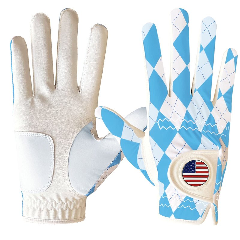 FINGER TEN Golf Gloves Men 1 Pack with Ball Marker for Left Hand Right, Stylish Patterns & Breathable Design for Comfortable All-Weather Grip, Golf Glove Sizes S M ML L XL (Blue Plaid, Large, Right)
