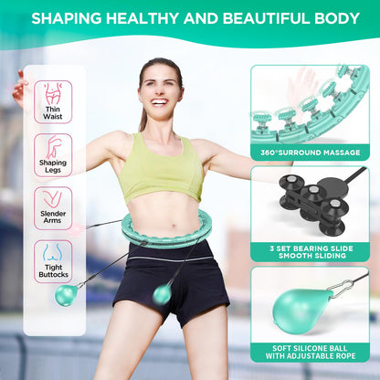 APzek 32 Knots Weighted Exercise Hoop Detachable & Adjustable for All People, No Falling Plus Size Smart Huula Hoop, 2 in 1 Abdomen Fitness Massage with Spinning Ball - Green